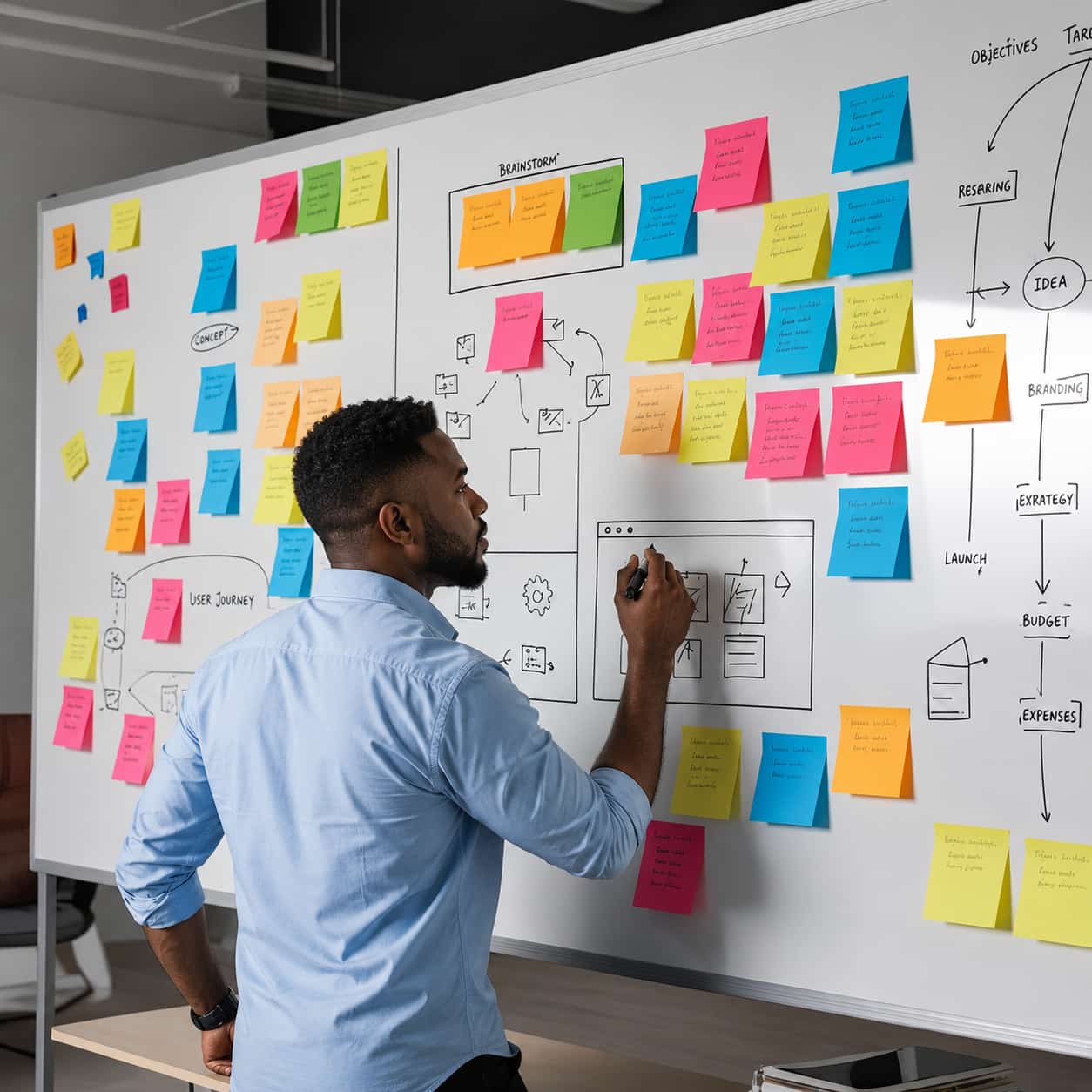 A man standing infront of a white board with colorful sticky notes